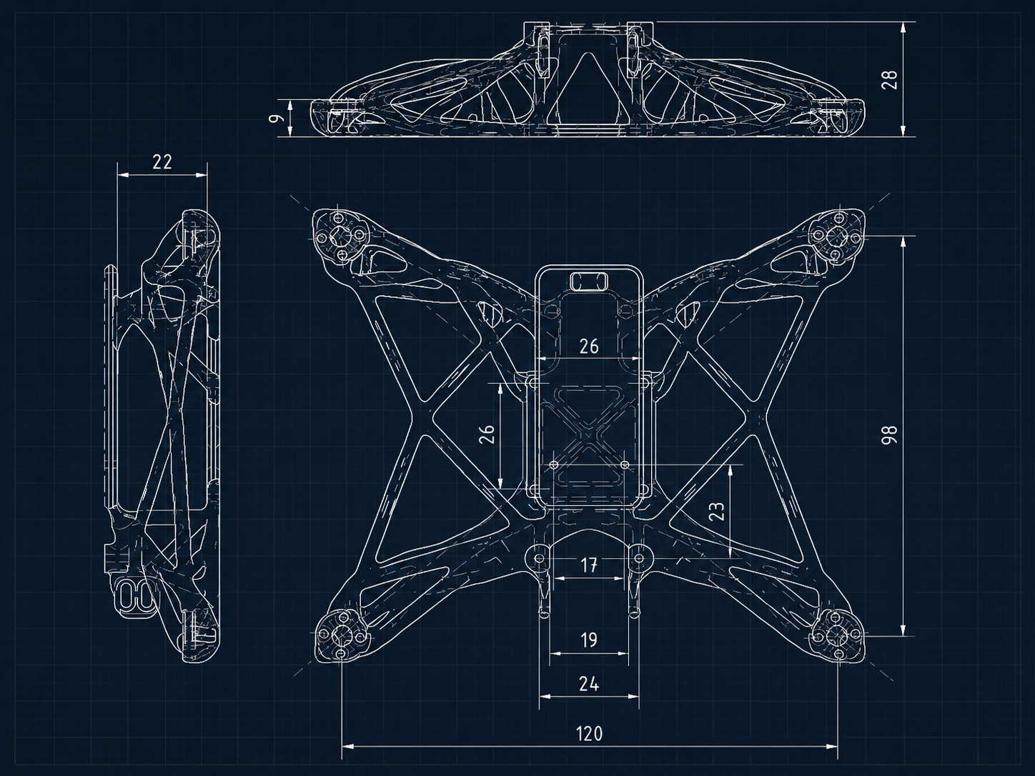 Drone frame engineering drawing with dimension callouts